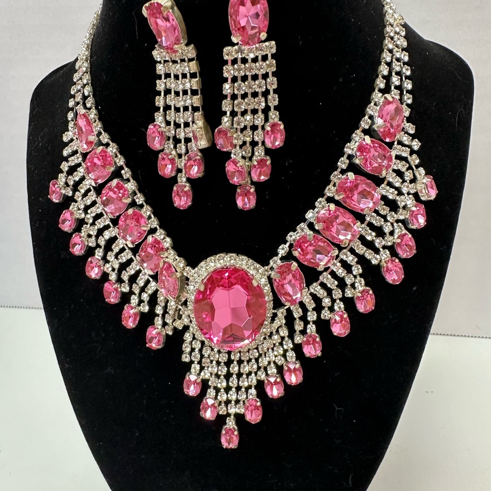 Pink Crystal Statement Necklace and Earring Set